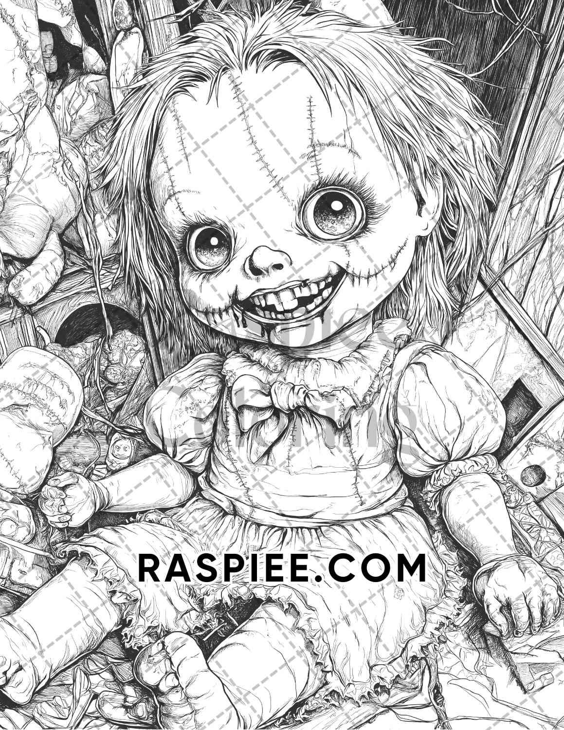 Haunted Dolls Halloween Horror Adult Coloring Pages Printable PDF Instant Download - RASPIEE