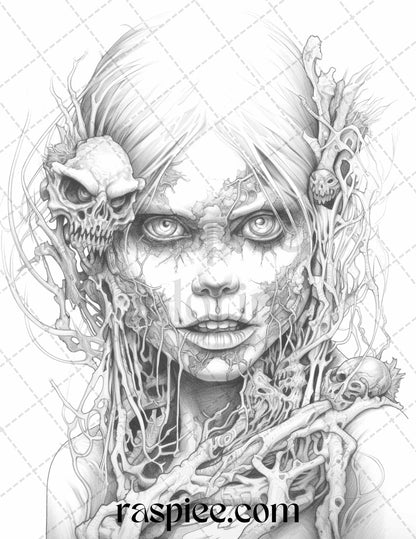 40 Scary Zombie Girls Grayscale Coloring Pages Printable for Adults, PDF File Instant Download - Raspiee Coloring