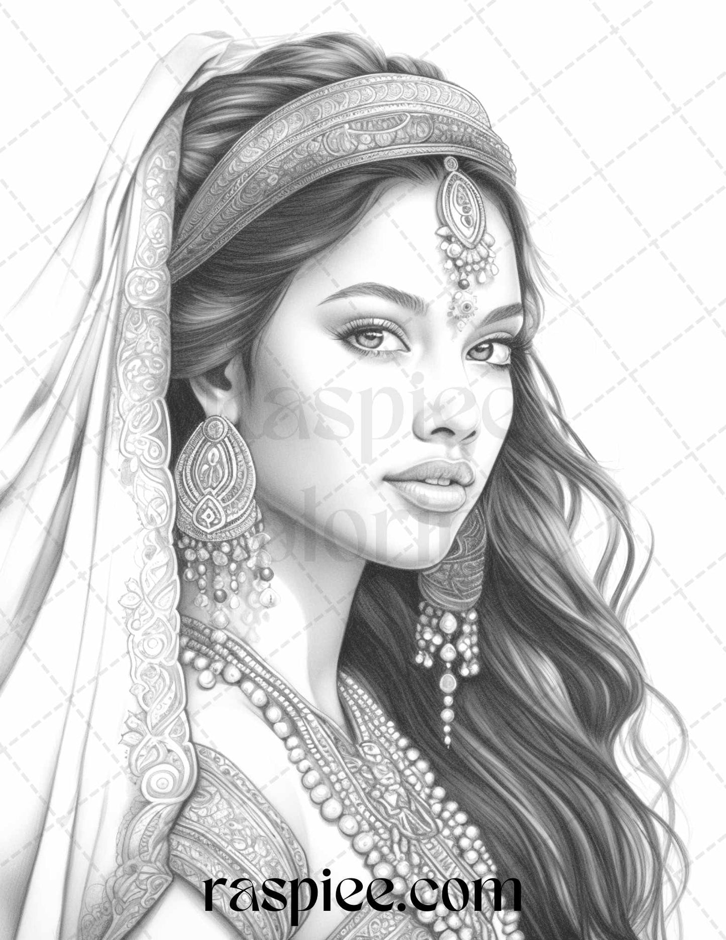 50 Beautiful Indian Women Grayscale Coloring Pages for Adults, Printable PDF File Instant Download