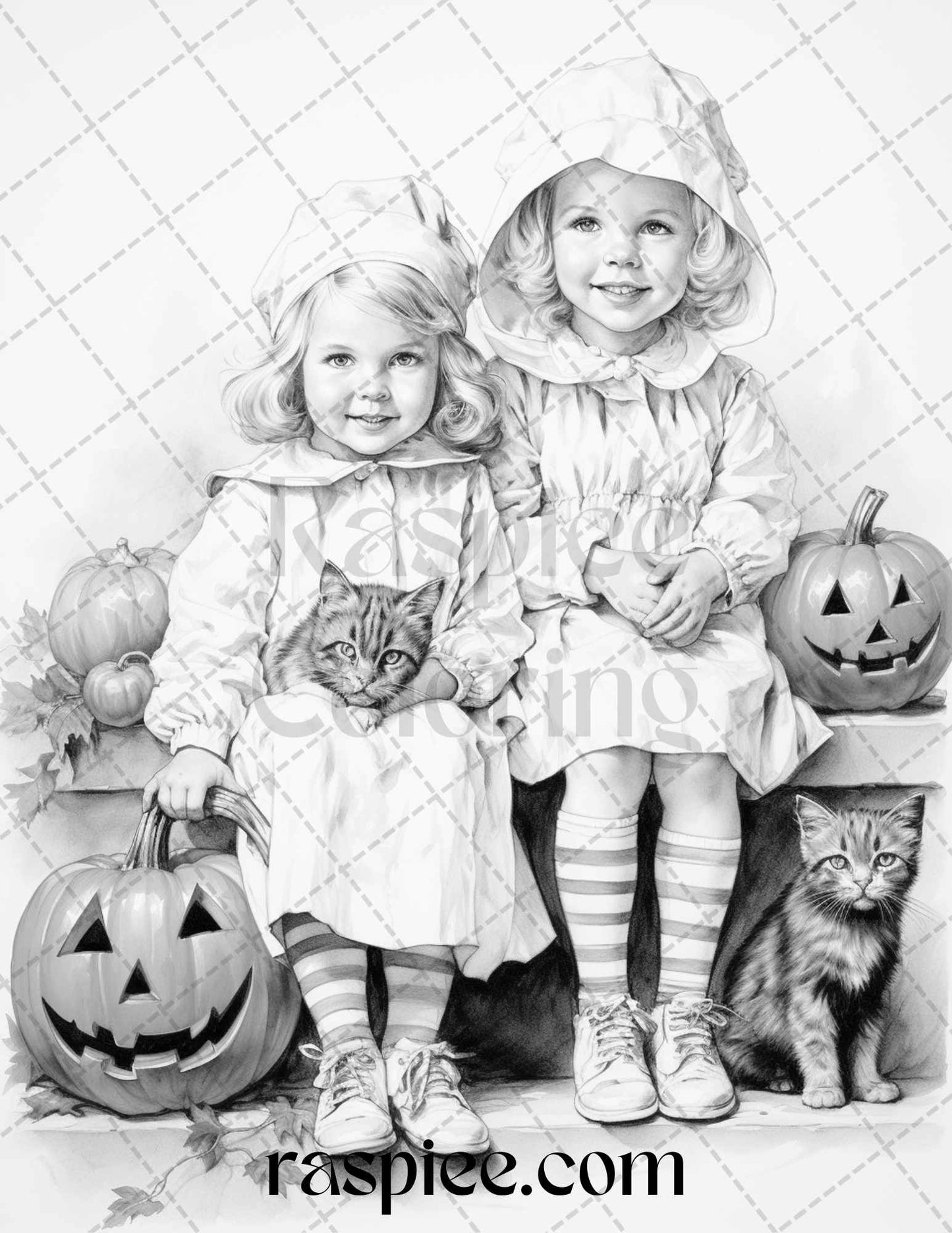 40 Vintage Halloween Trick or Treat Grayscale Coloring Pages Printable for Adults, PDF File Instant Download