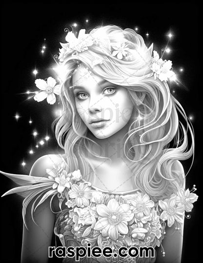50 Starlight Fairy Grayscale Coloring Pages for Adults, Printable PDF File Instant Download