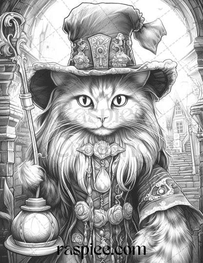 40 Halloween Witch Cat Grayscale Coloring Pages Printable for Adults, PDF File Instant Download
