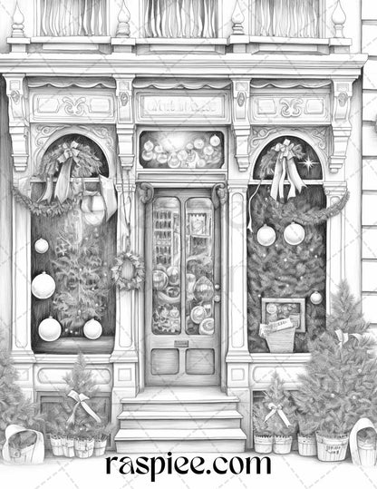 Christmas Store Front Grayscale Coloring Pages for Adults, PDF Printable Instant Download