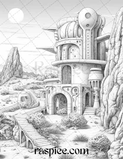 40 Alien Houses Grayscale Coloring Pages for Adults, Printable PDF File Instant Download