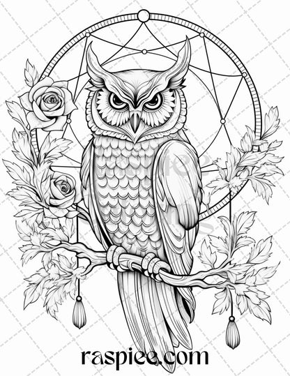 40 Floral Owl Grayscale Printable Coloring Pages for Adults, PDF File Instant Download
