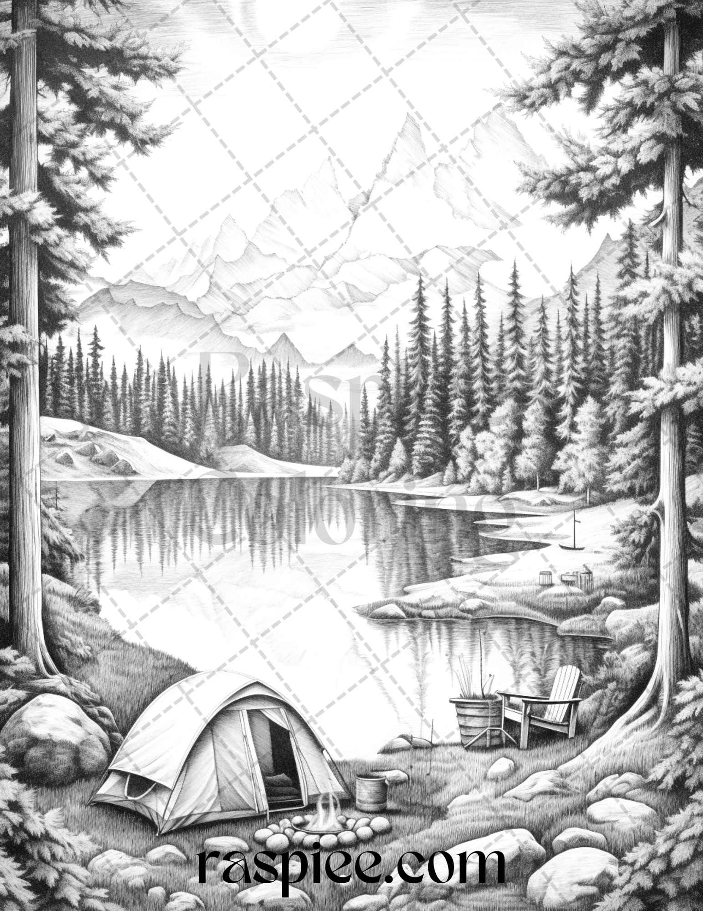 Nature Camping Grayscale Coloring Pages Printable, Relaxing Outdoor Scenes, PDF File Instant Download - raspiee