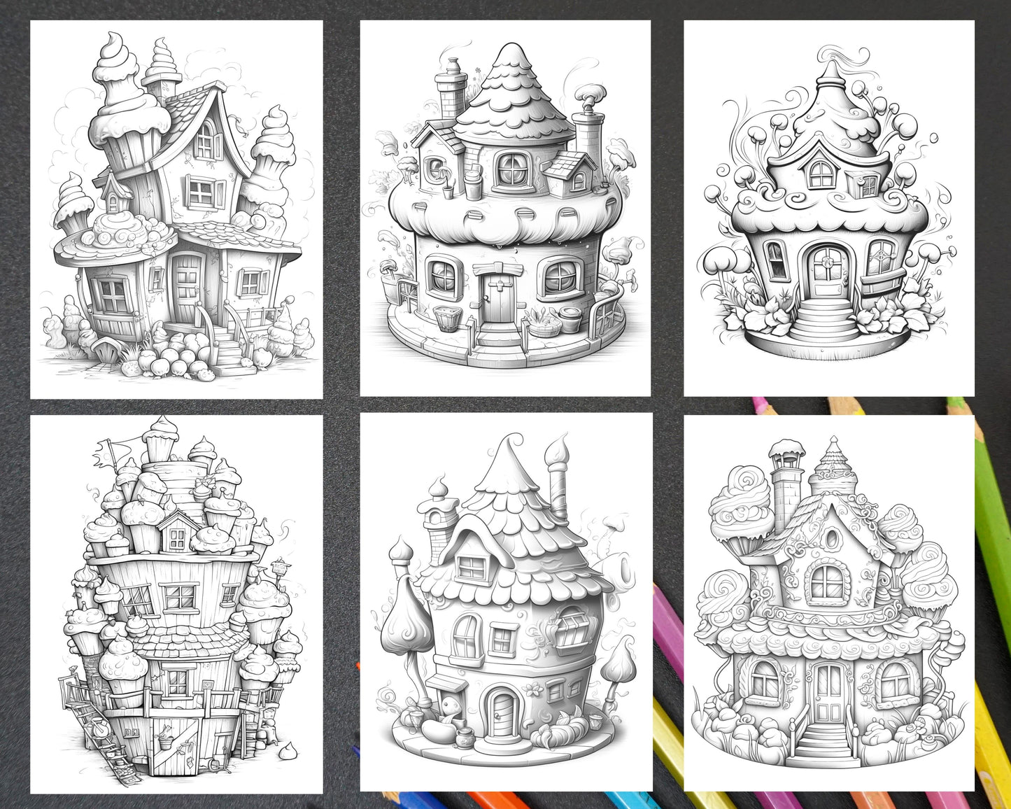 grayscale coloring pages, cake houses coloring, printable coloring pages, adult and kids coloring, cake illustrations