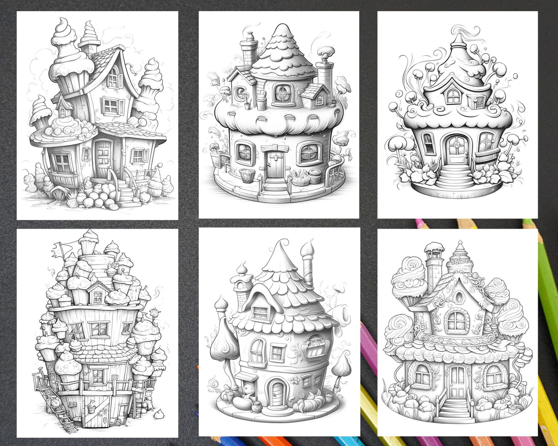 50 Adorable Cake Houses Grayscale Coloring Pages Printable for Adults