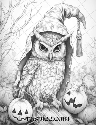 Halloween Witch Owl Grayscale Coloring Pages for Adults and Kids, Prin ...