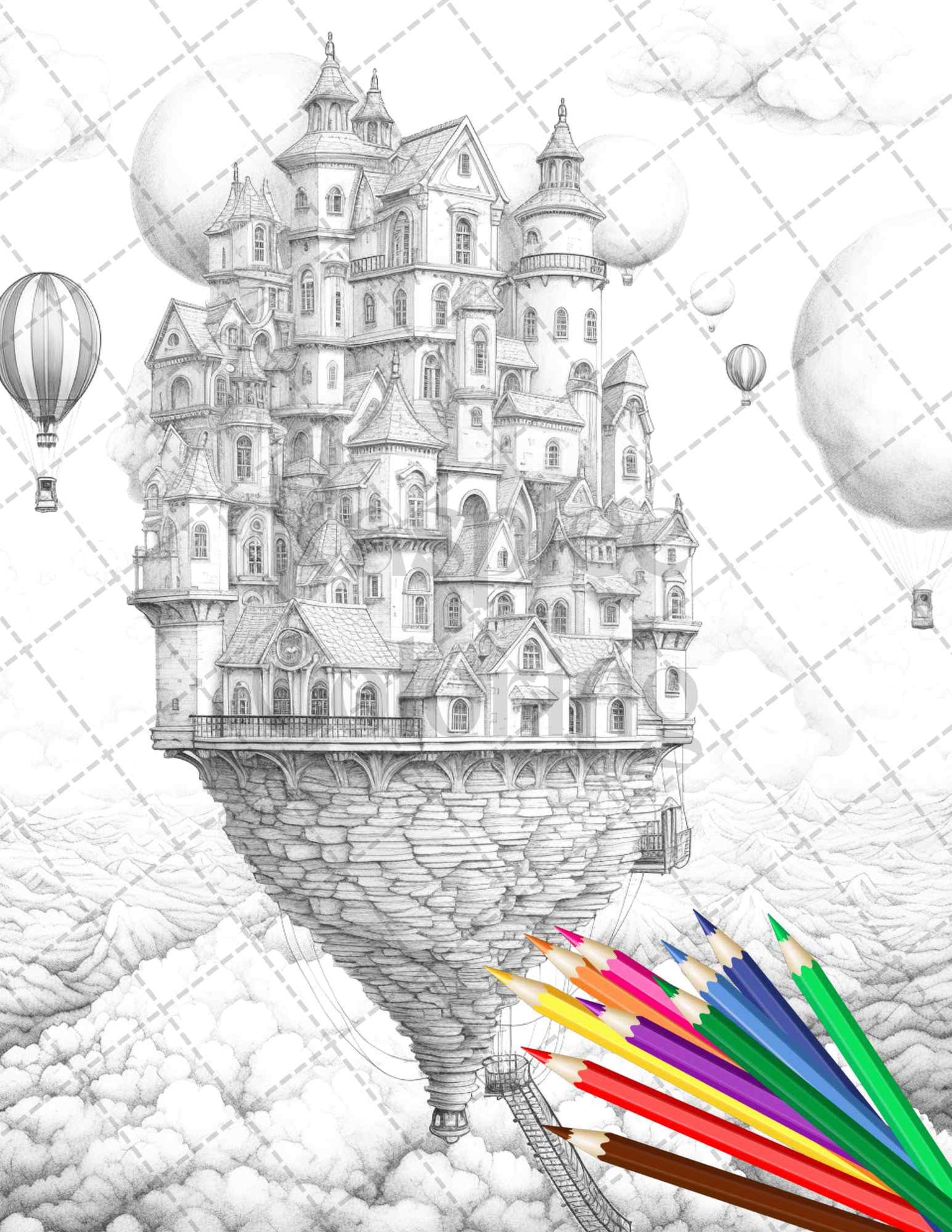 fantasy sky house grayscale coloring page, adult printable coloring page, black and white coloring design, grayscale coloring for adults, detailed fantasy coloring sheet, intricate printable coloring art, stress-relieving grayscale image, mindful coloring page for adults, art therapy grayscale picture, printable sky houses coloring