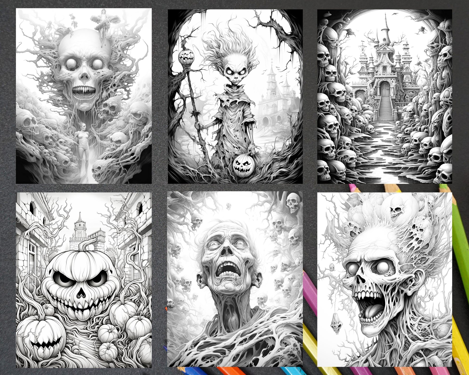 60 Halloween Nightmare Grayscale Coloring Pages Printable for Adults,   Halloween coloring pages, Grayscale coloring, Skull artwork illustrations