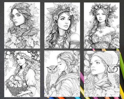 Autumn Beauties Portrait Adult Coloring Pages Printable PDF Instant Download