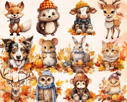 Watercolor Fall Leaves and Animals Clipart, Cute Autumn Woodland Creatures Graphics, Seasonal DIY Design Elements, High-Quality Hand-Painted Clipart, Fall Decor Illustrations Bundle
