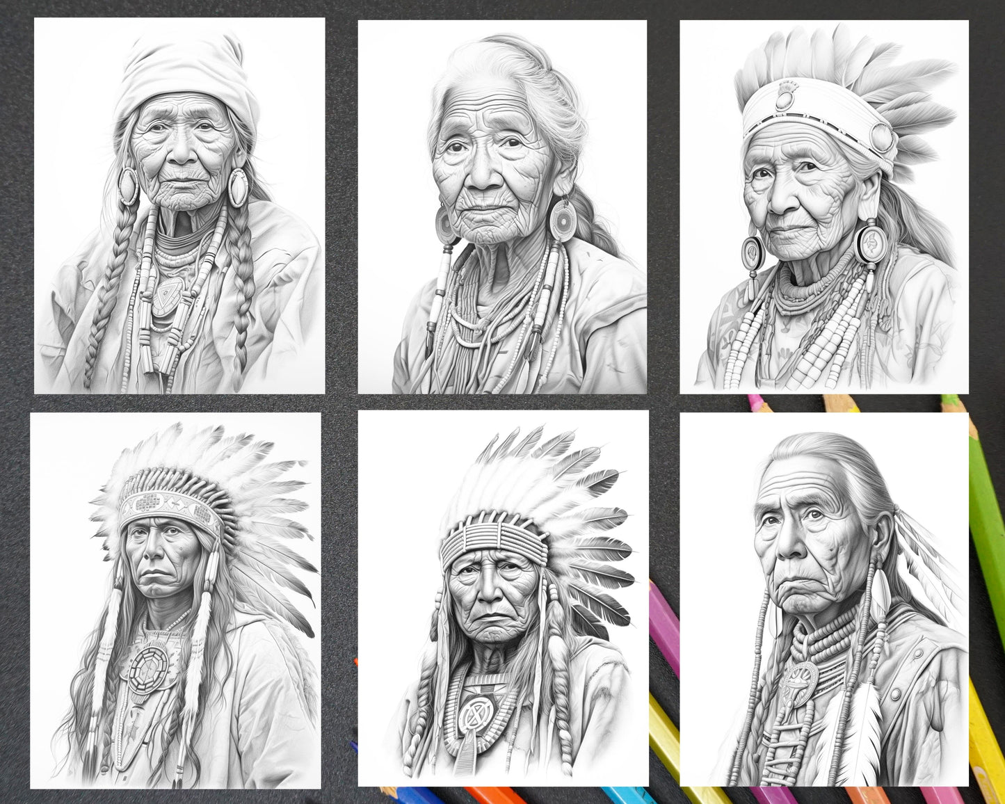 Native American Portrait Coloring Page, Printable Grayscale Coloring Art, Adult Coloring Download, Native American Ethnic Art, Intricate Portrait Illustration