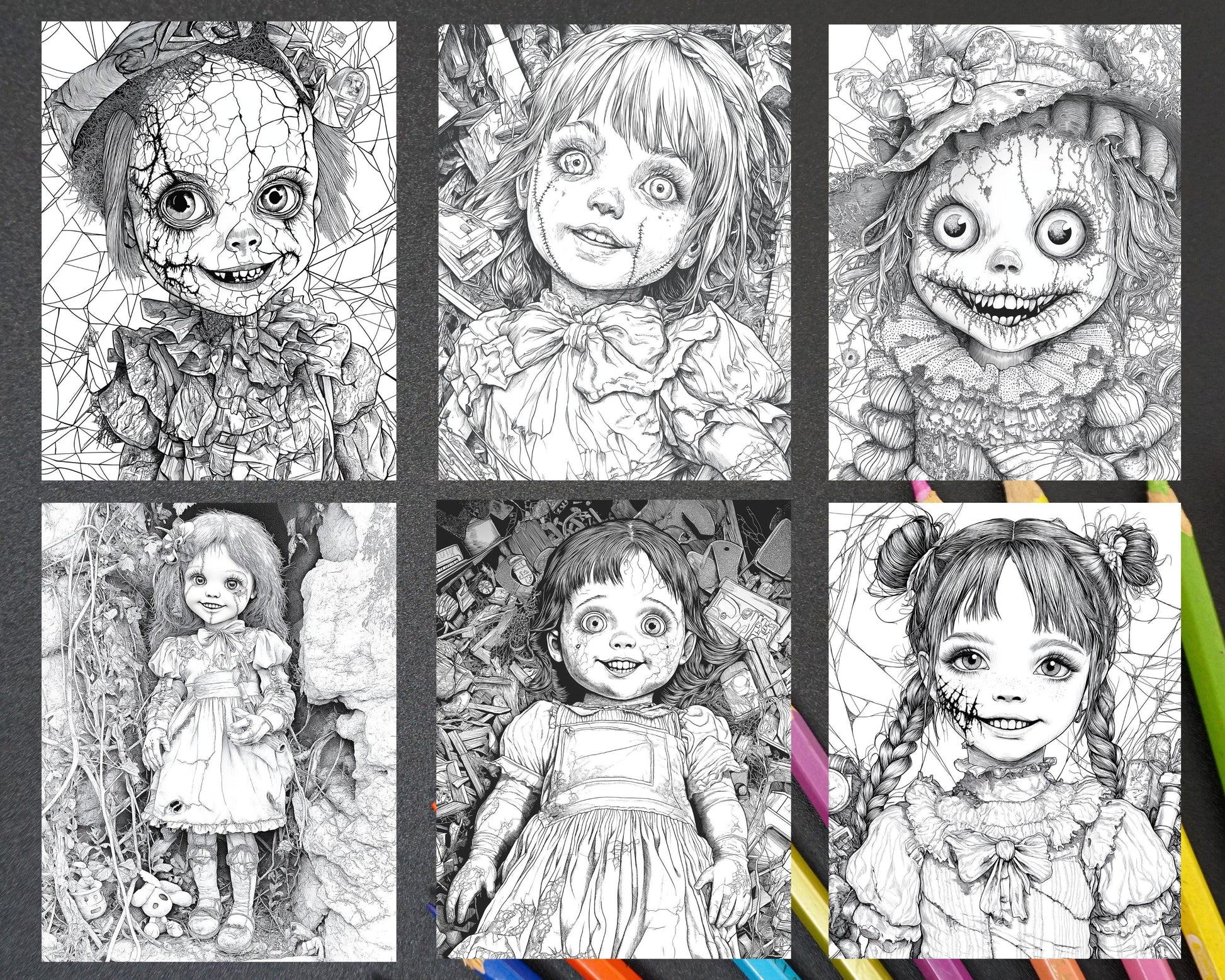 Haunted Dolls Halloween Horror Adult Coloring Pages Printable PDF Instant Download - RASPIEE