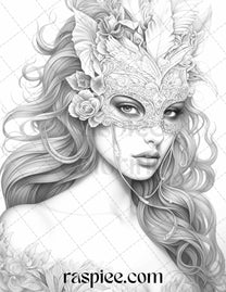 40 Masquerade Girls Grayscale Coloring Pages Printable for Adults, PDF ...