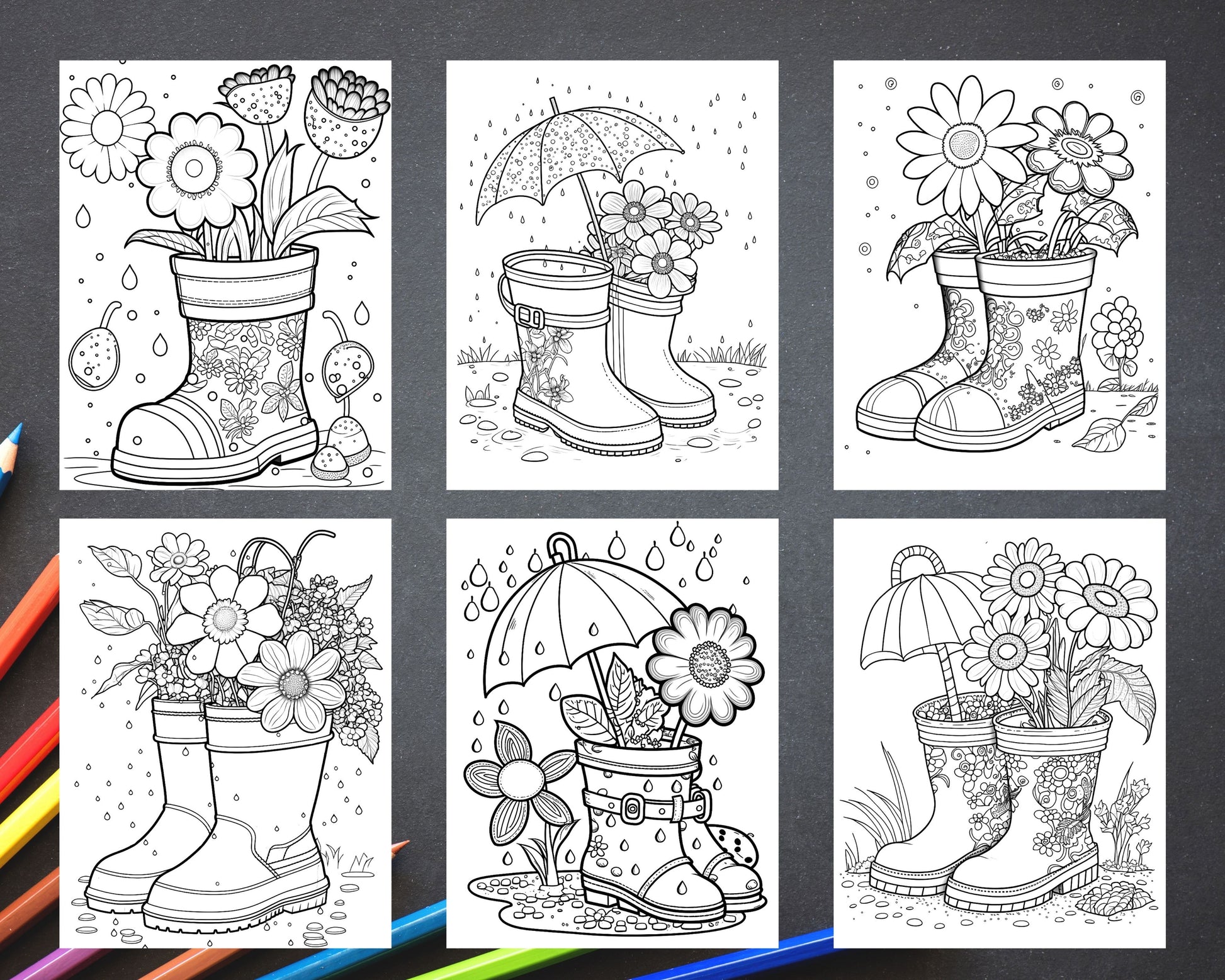50 Printable Flower Rainboot Coloring Pages for Adults, Floral Grayscale Coloring Page, Printable PDF File Download - raspiee