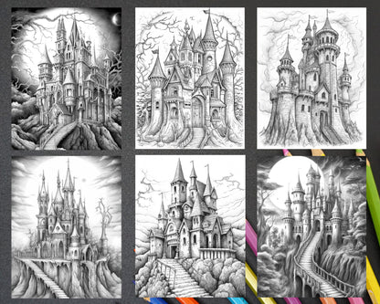 haunted castles coloring pages, grayscale printable for adults, Halloween coloring book, spooky art, ghostly designs, gothic illustrations