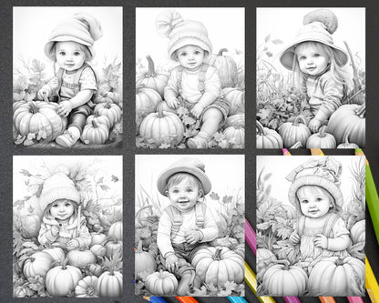 Printable Pumpkin Babies Grayscale Coloring Pages, Adult and Kids Coloring Activity, Halloween and Fall Themed Art, Instant Digital Download, Autumn Coloring Book, Relaxing DIY Craft
