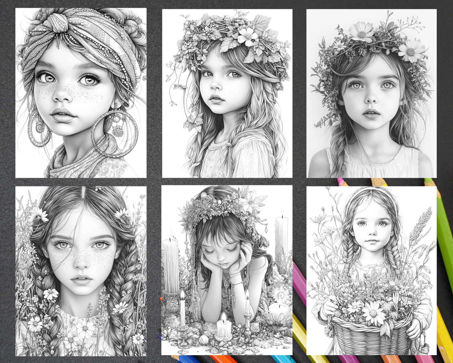 88 Bohemian Little Girls Portrait Adult Coloring Pages