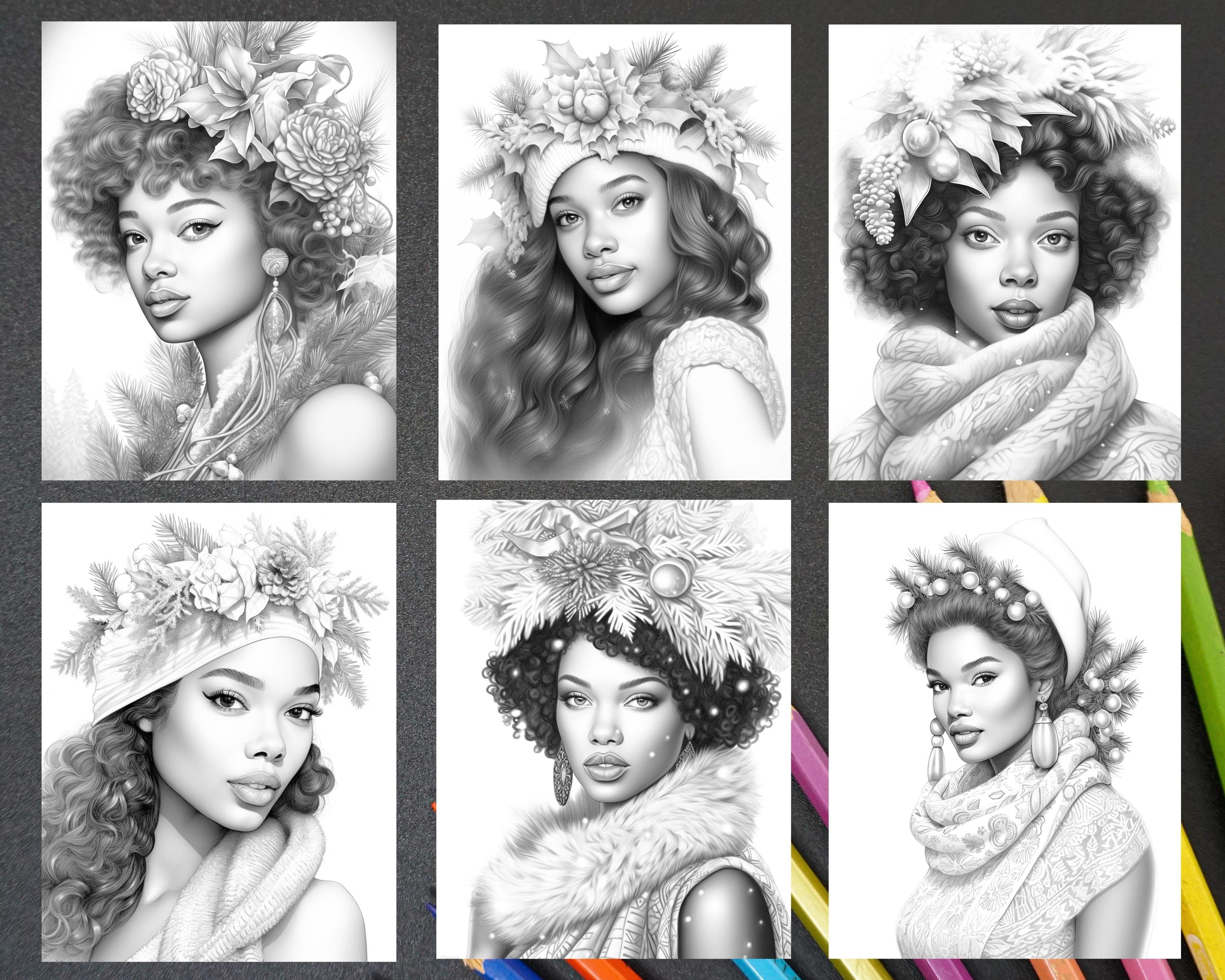 50 Christmas Black Beauties Portrait Grayscale Coloring Pages for Adul ...