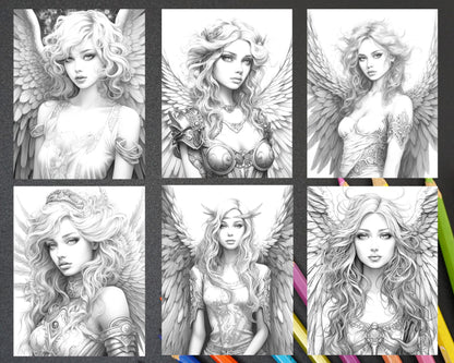 Enchanting Angels Grayscale Coloring Page for Adults, Stress-Relieving Angel Coloring Design