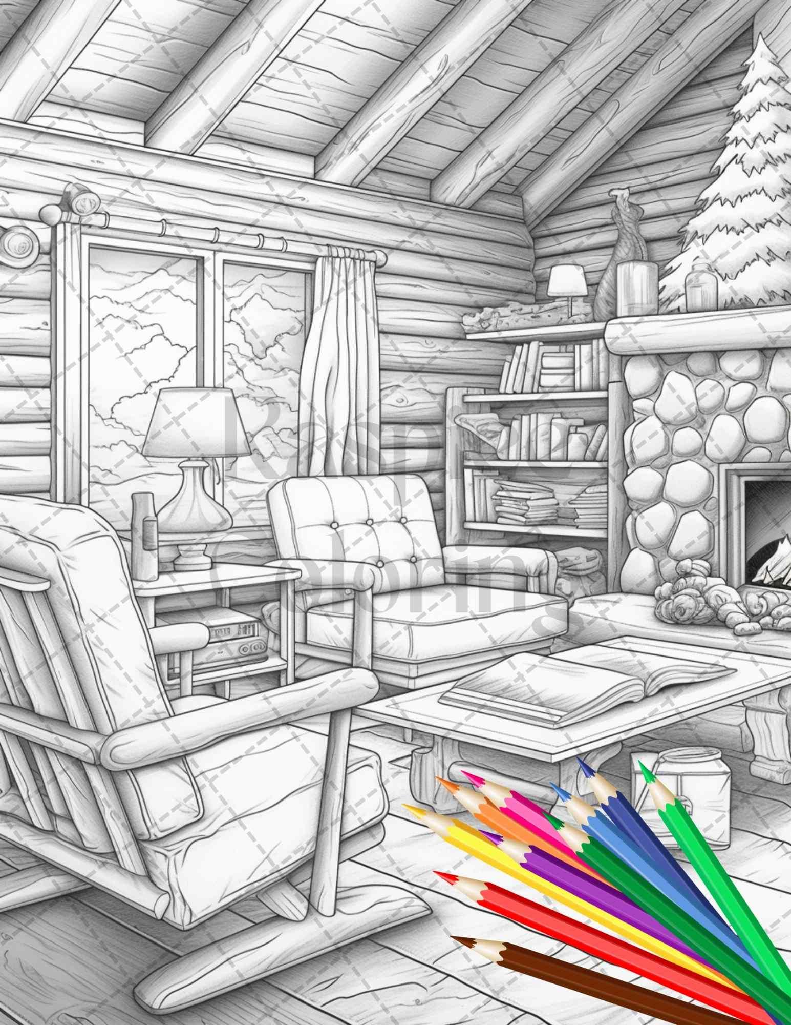 Cozy Cabin Interior Grayscale Coloring Pages Printable for Adults, PDF