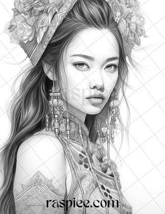 40 Beautiful Chinese Girls Grayscale Coloring Pages for Adults, Printa ...