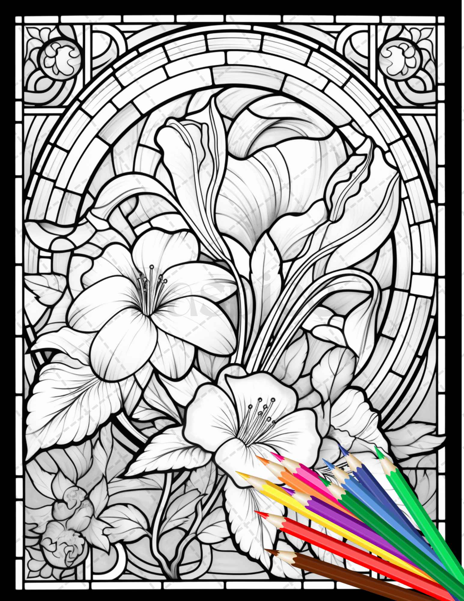 32 Stained Glass Flowers Grayscale Coloring Pages Printable for Adults, PDF File Instant Download - raspiee
