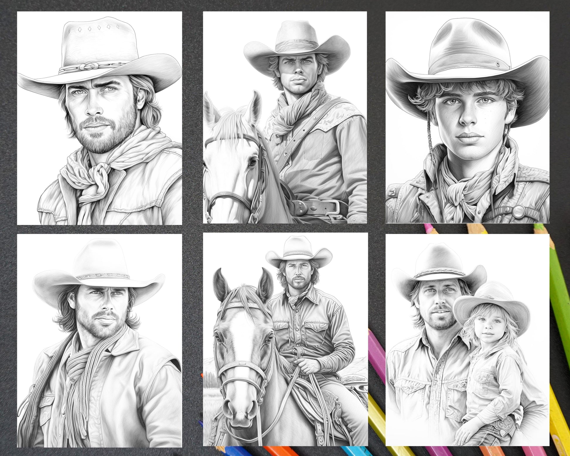 Wild West Cowboys Grayscale Coloring Pages, Printable for Adults Cowboy Illustrations, Western Themed Adult Coloring Book, Vintage Cowboys Black and White Coloring, Instant Download Wild West Illustrations