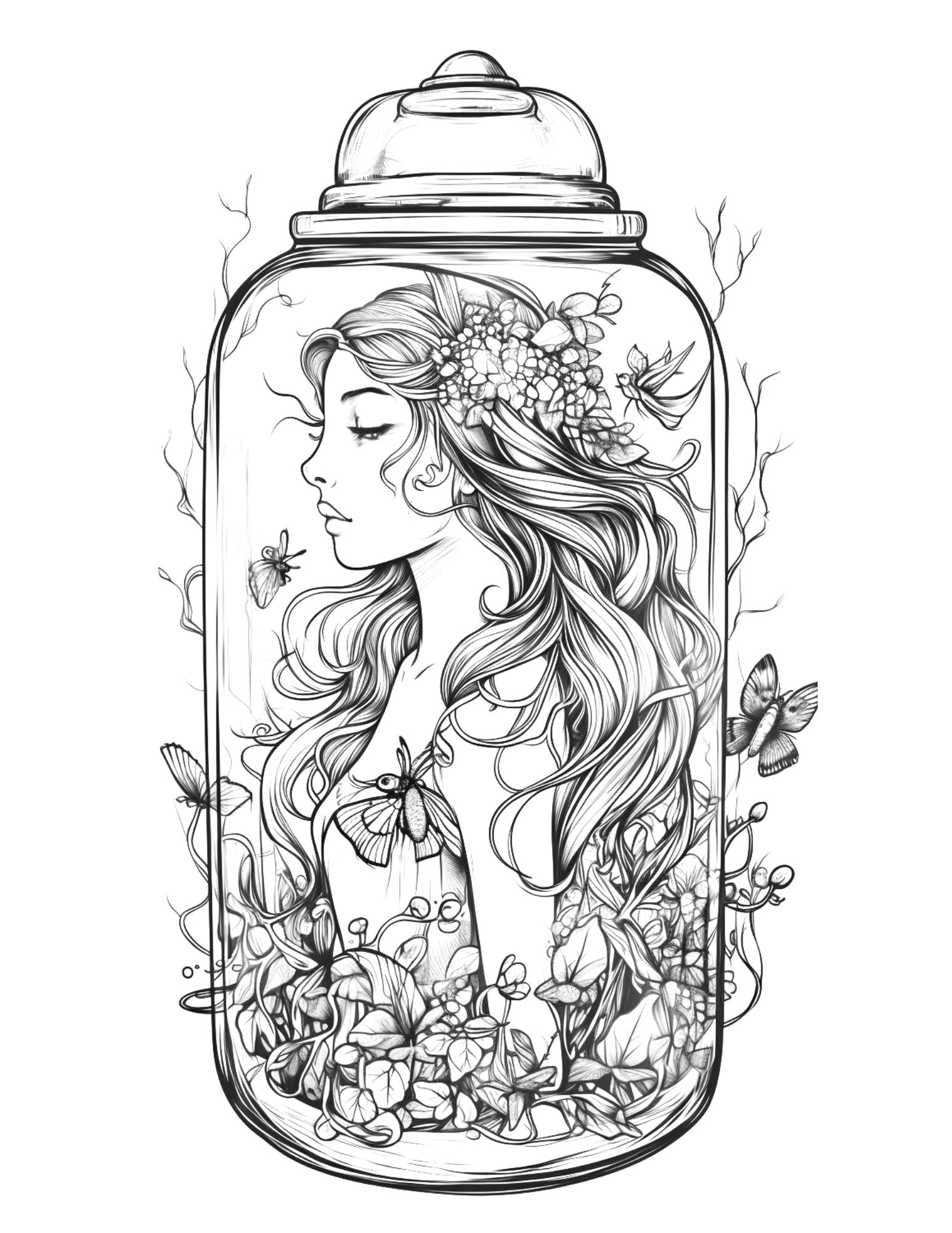 Fairy Girl in Jar Coloring Pages for Adults, Free Printable PDF Instant Download - raspiee