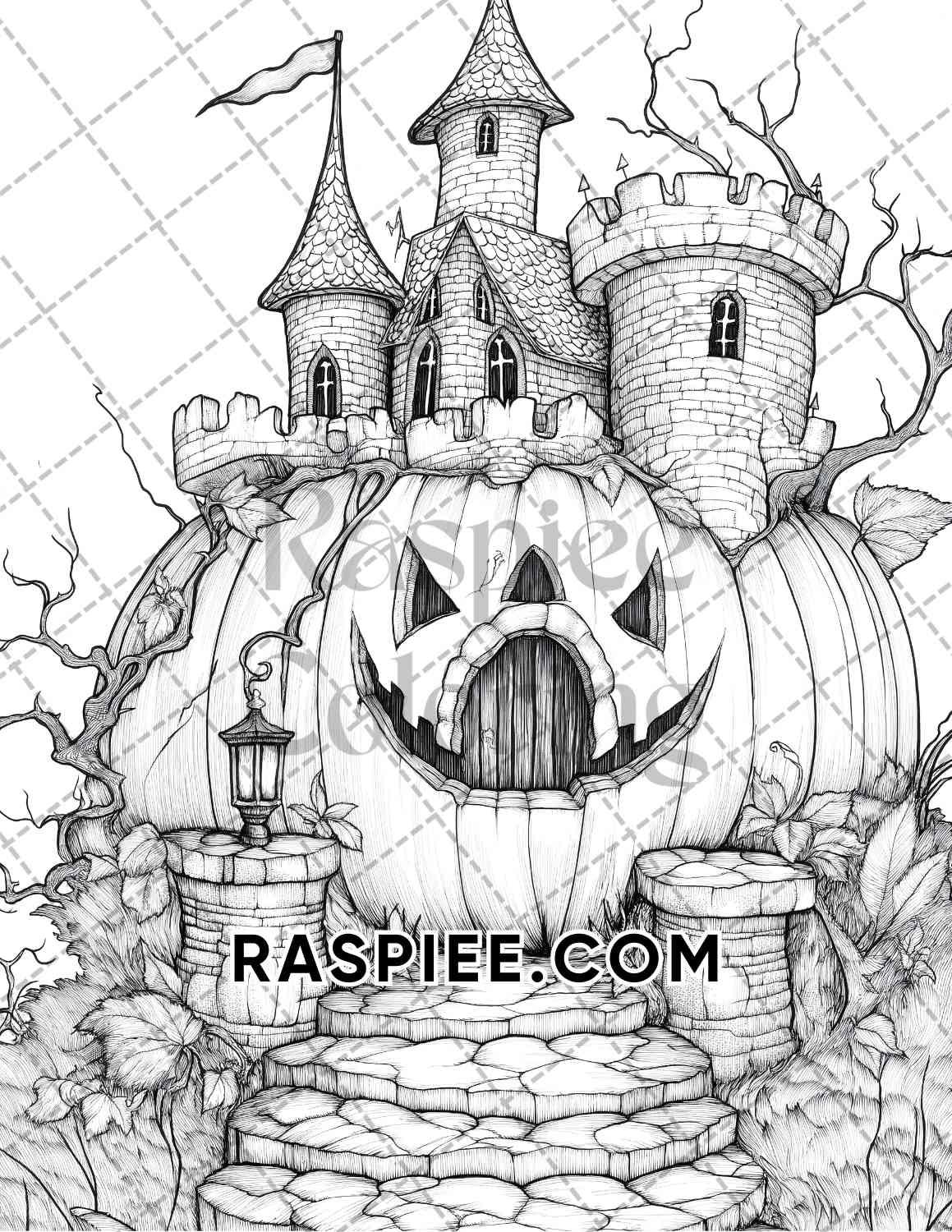 Fantasy Giant Pumpkin Castles Adult Coloring Pages Printable PDF Instant Download - RASPIEE