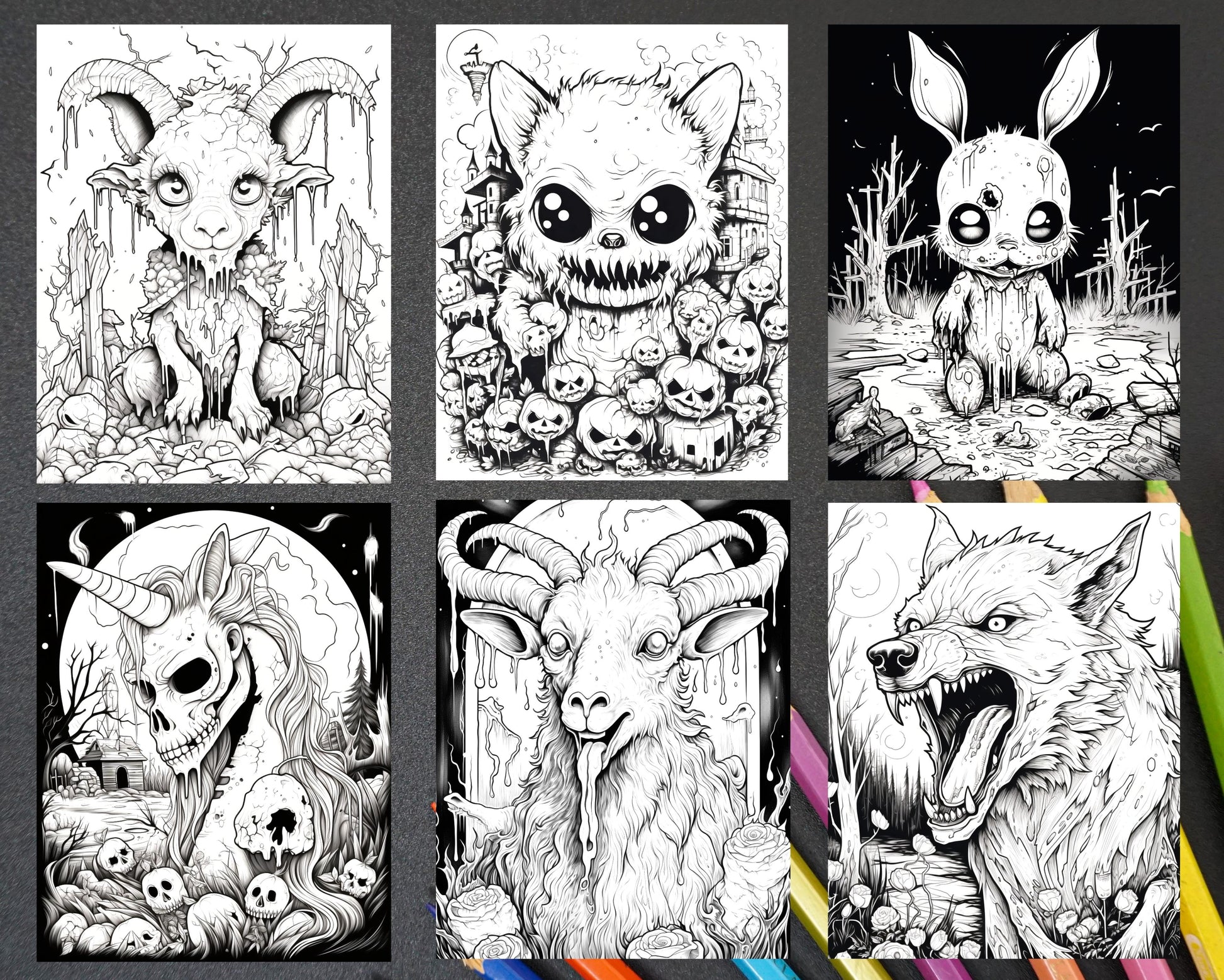 Halloween Scary Animals Grayscale Coloring Page, Halloween Coloring Pages for Adults, horror spooky coloring pages for adults