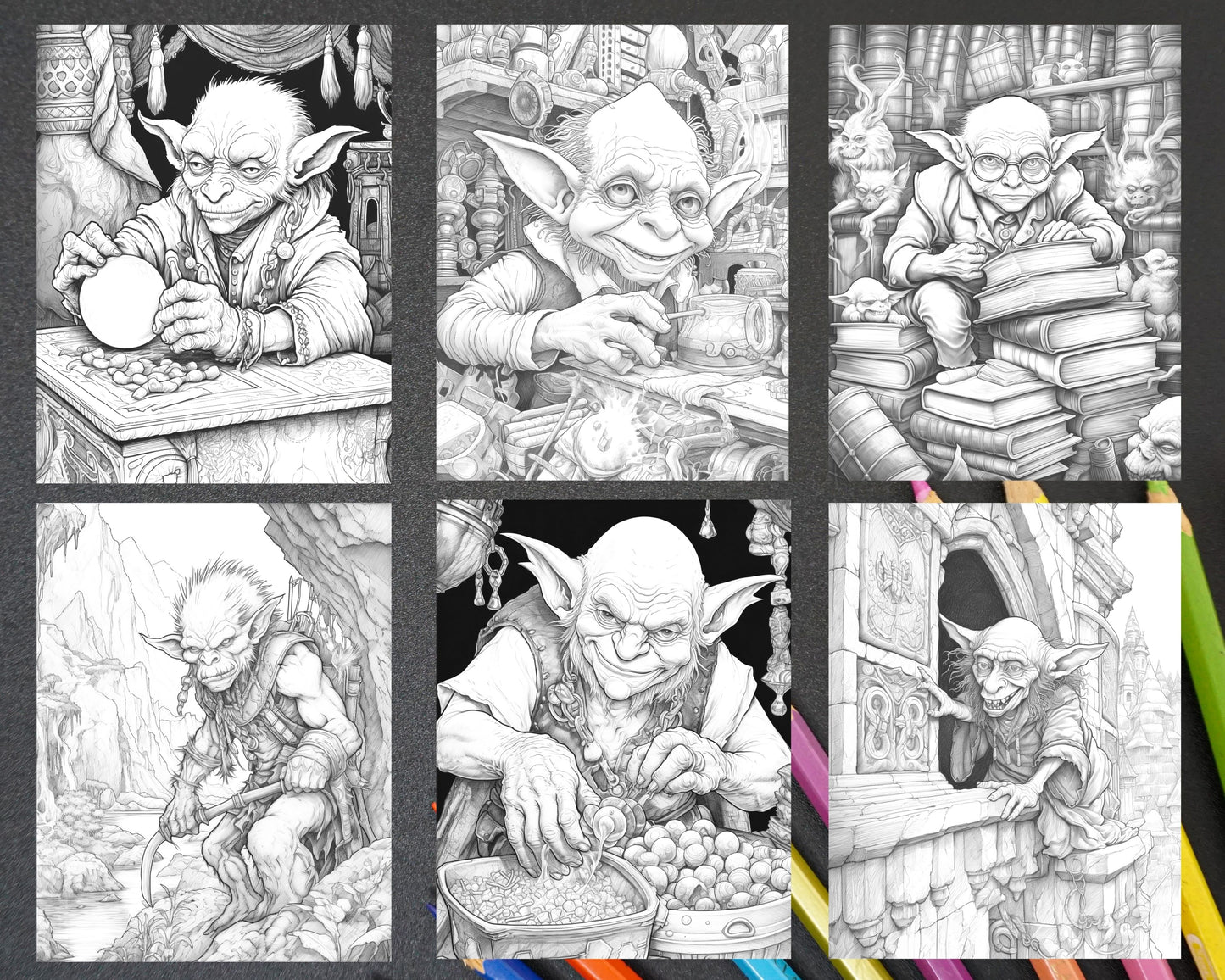 fantasy goblins grayscale coloring pages, grayscale coloring pages printable for adults, detailed artwork, unique fantasy art, printable coloring pages, stress relief coloring, therapeutic art, digital download, grayscale technique, intricate designs, adult coloring, printable goblin art, black and white coloring, fantasy art, coloring book for adults