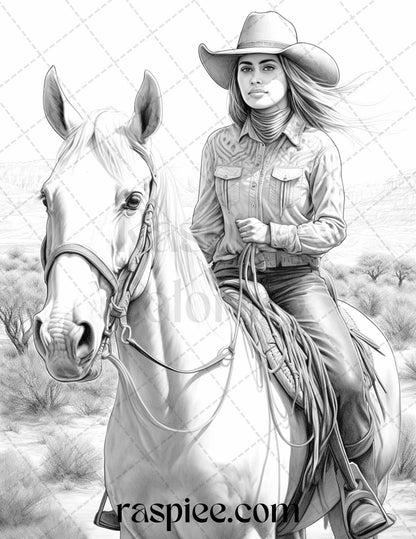 Grayscale coloring page of a beautiful cowgirl, Printable cowgirl artwork for adults, Adult coloring book featuring cowgirl illustrations, Black and white cowgirls coloring sheet, Cowgirl-themed crafts grayscale coloring