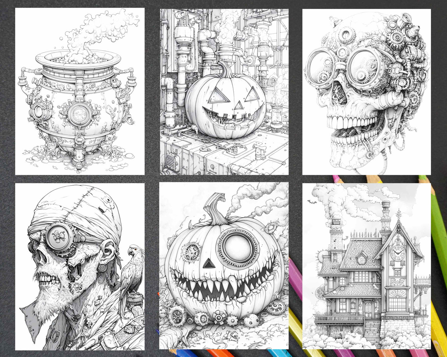 Steampunk Halloween Adult Coloring Pages Printable PDF Instant Download