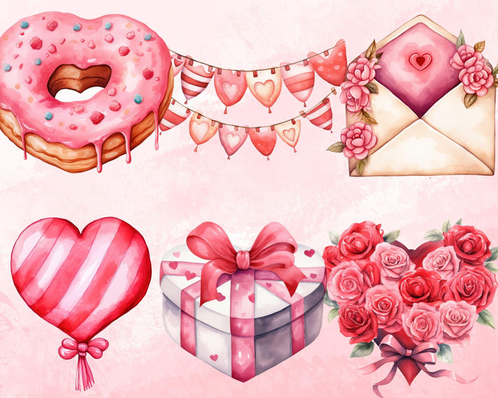 Romantic Watercolor Valentine's Day Clipart Bundle, 73 PNG High-Res Fi ...