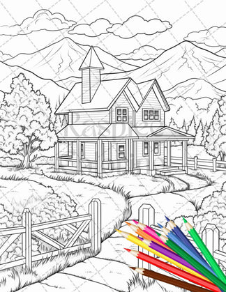 Charming Farmhouse Scenery Grayscale Coloring Pages Printable for Adul