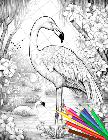 Flamingo Oasis Grayscale Coloring Pages Printable for Adults, detailed grayscale artwork, stress relief coloring, black and white coloring book, printable animal illustrations, relaxing nature theme coloring pages