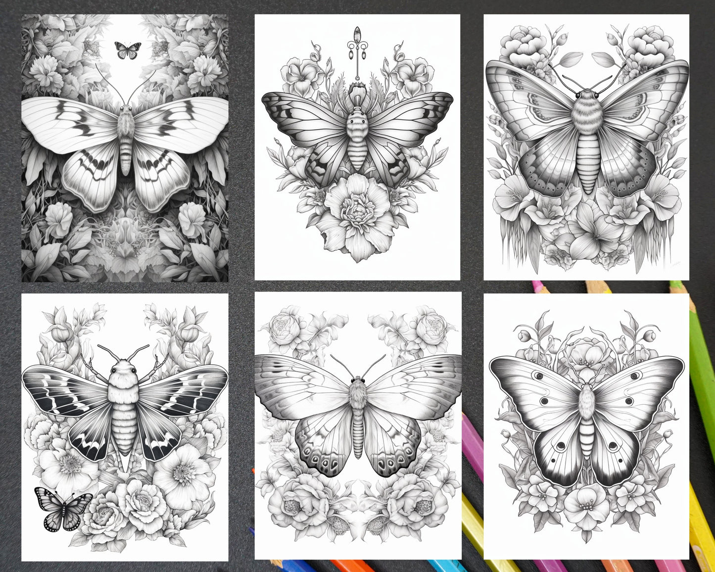 32 Beautiful Moths and Floral Coloring Book for Adults, Grayscale Coloring Page, Printable PDF Instant Download - raspiee