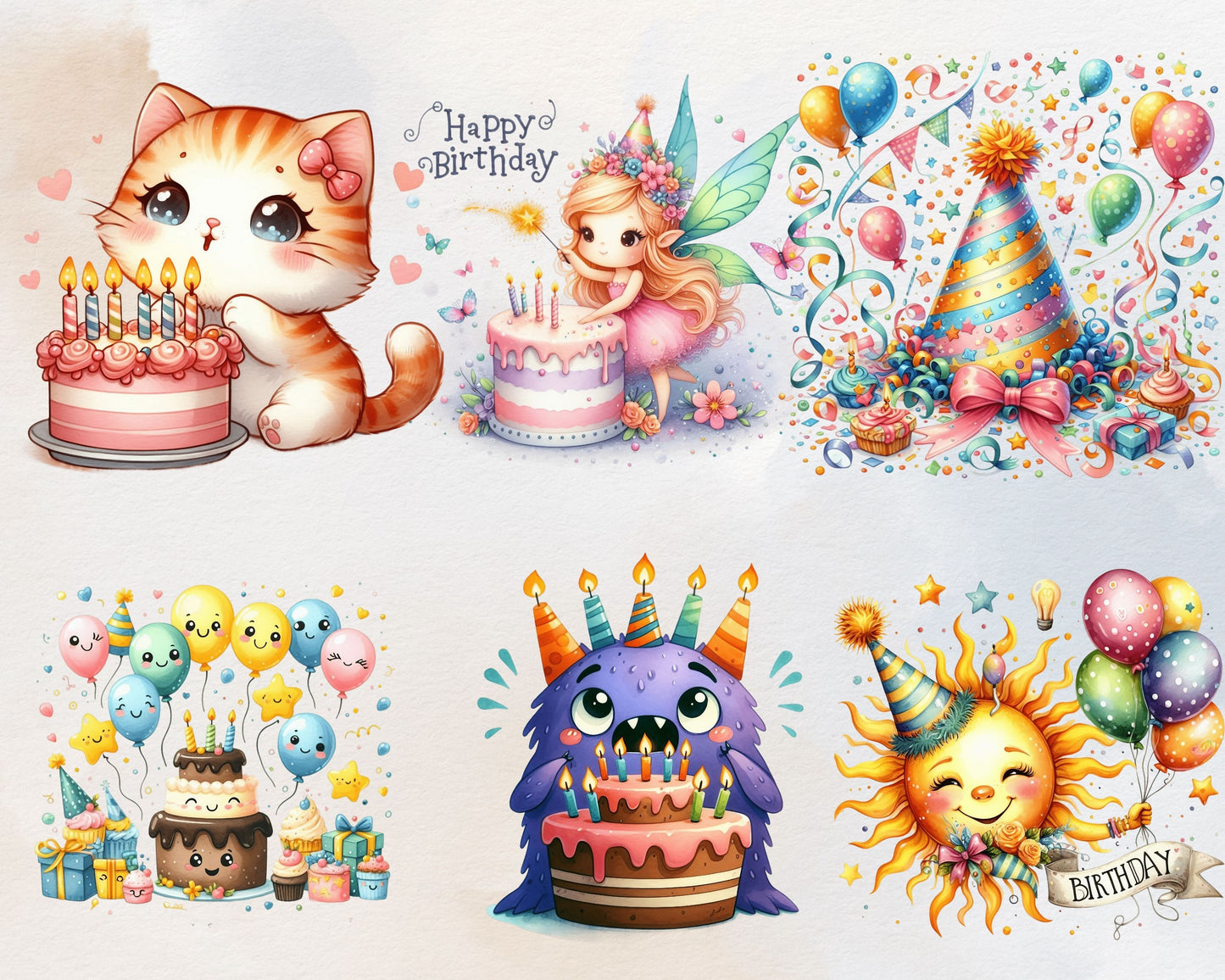 Watercolor Happy Birthday Clipart Bundle