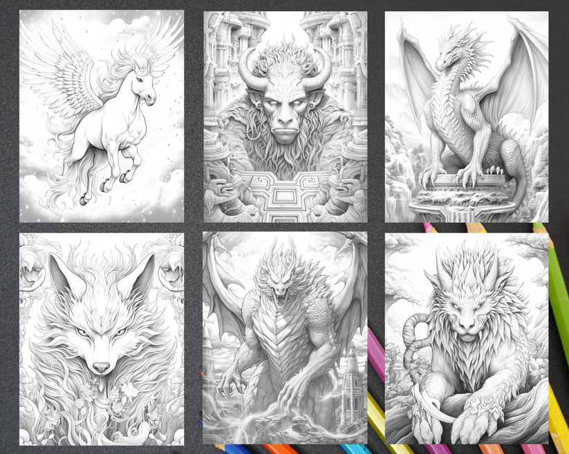 60 Mythical Creatures Grayscale Coloring Pages for Adults, Printable P