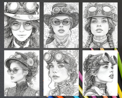 65 Gothic Steampunk Girls Grayscale Adult Coloring Pages, Printable PDF Instant Download