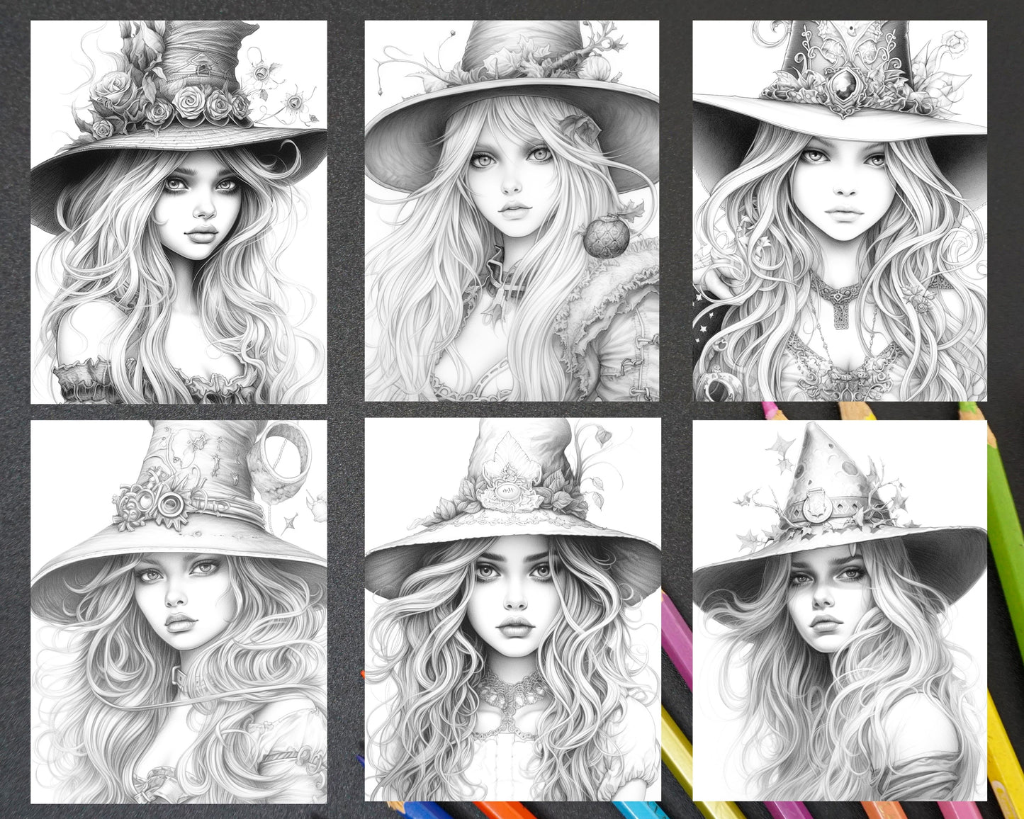 Grayscale coloring pages for adults, Printable witch coloring book, Witchcraft art illustrations, Magical coloring for adults, Halloween witch coloring pages, portrait coloring pages for adults