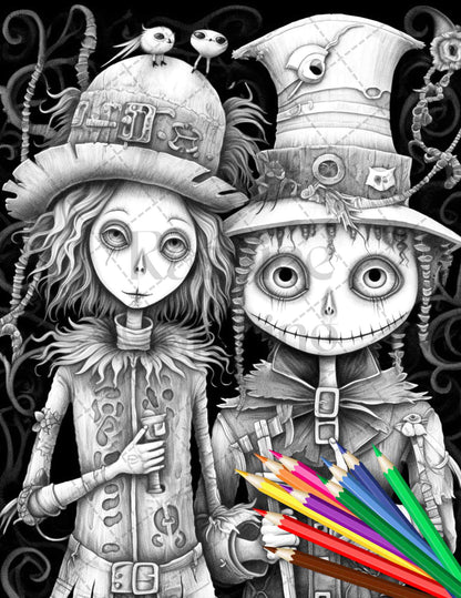 Scary Scarecrow Coloring Page, Grayscale Scarecrow Printable, Halloween Art Coloring Page, Horror Coloring Book for Adults, Creepy Scarecrow Illustration