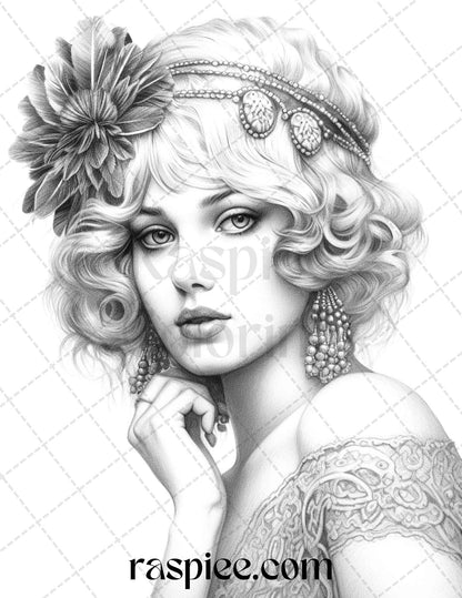 gatsby girls grayscale coloring page, printable coloring book for adults, vintage art deco coloring page, portrait coloring pages for adults