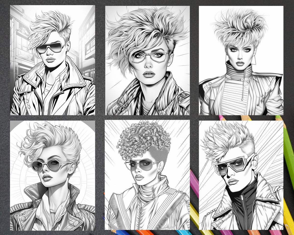 1980s New Wave Pop Star Grayscale Coloring Pages Printable for Adults,