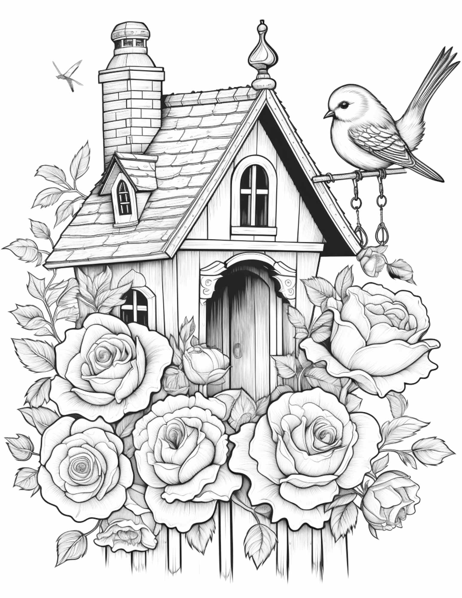 Floral birdhouse coloring page, grayscale coloring sheet for adults, printable nature coloring page, birdhouse art for coloring, free flower birdhouse coloring page