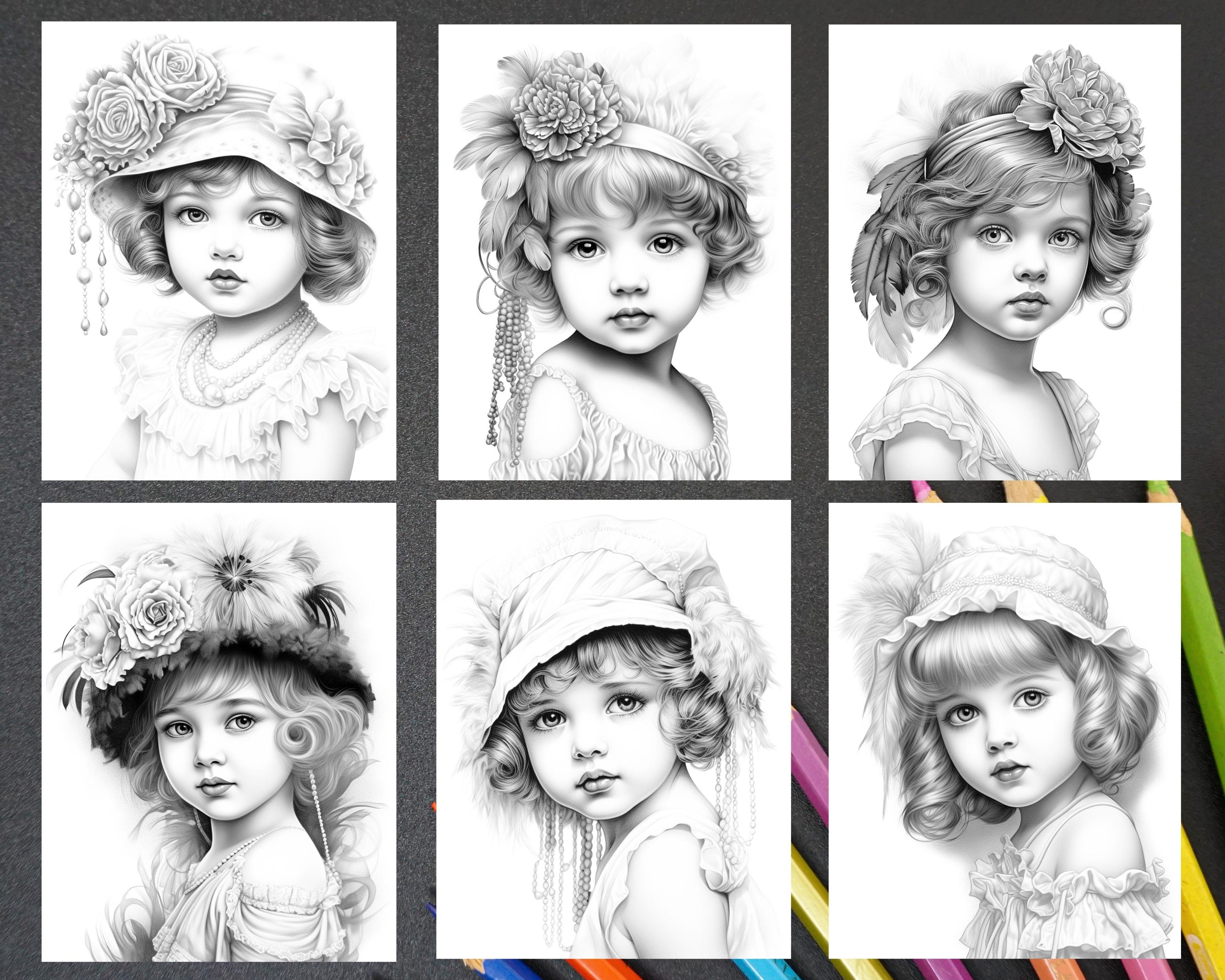 50 Vintage Flapper Baby Girls Grayscale Coloring Pages for Adults, Pri ...