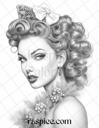 55 Vintage Christmas Pin Up Girls Grayscale Coloring Pages for Adults ...